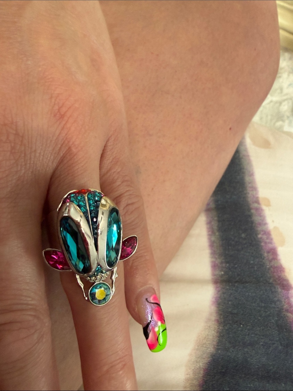 Swarovski Silver Ring with Teal and Fuchsia Crystals
